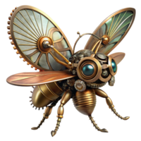 vibrant rustic A highly detailed steampunk insect, with brass wings and gears for legs, perched on a cog, dramatic spotlighting, photorealistic style authentic png
