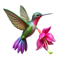 vibrant artistic A hummingbird hovering near a vibrant fuchsia flower, illuminated by dappled sunlight, in a hyperrealistic style with motion blur premium png