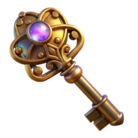 magnificent creative A close-up of a steampunk key with intricate carvings and glowing gems, made of aged brass, illuminated by a single ray of light high resolution png