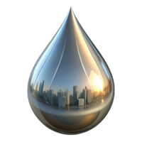 beautiful creative A single, perfect teardrop of liquid mercury, reflecting distorted images of a fractured cityscape, under harsh, directional lighting authentic png