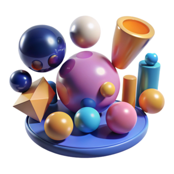 impresionante artístico un campo de geométrico formas, esferas y cilindros, flotante en un gravedad cero ambiente, iluminado por múltiple, de colores ligero fuentes alto calidad png