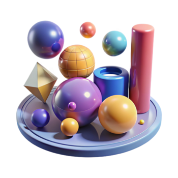 degno di nota creativo un' campo di geometrico forme, sfere e cilindri, galleggiante nel un' gravità zero ambiente, illuminato di multiplo, colorato leggero fonti premio png