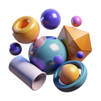 vibrant abstract A field of geometric shapes, spheres and cylinders, floating in a zero-gravity environment, lit by multiple, colored light sources premium png
