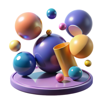 impressive classic A field of geometric shapes, spheres and cylinders, floating in a zero-gravity environment, lit by multiple, colored light sources professional png