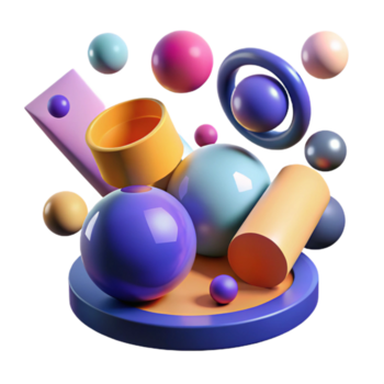 degno di nota contemporaneo un' campo di geometrico forme, sfere e cilindri, galleggiante nel un' gravità zero ambiente, illuminato di multiplo, colorato leggero fonti dettagliato png