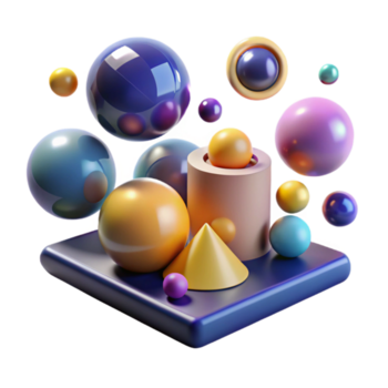 magnifik konstnärlig en fält av geometrisk former, sfärer och cylindrar, flytande i en noll gravitation miljö, belyst förbi flera olika, färgad ljus källor äkta png