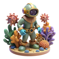 wonderful abstract A steampunk diver exploring a coral reef made of gears and cogs, underwater lighting, surreal style professional png