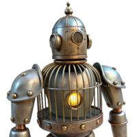 serene creative A steampunk robot with a birdcage for a head, dim, atmospheric lighting, surreal style exclusive png