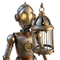 wonderful rustic A steampunk robot with a birdcage for a head, dim, atmospheric lighting, surreal style high quality png