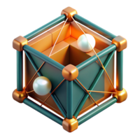 vibrant creative Fractured geometric shapes in shades of deep teal and burnt orange, connected by thin threads of glowing white light, isometric view, cyberpunk style, high quality png