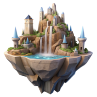 wonderful creative A floating island city amongst towering rock formations, waterfalls cascading down the sides, fantasy sci-fi style, soft lighting exclusive png