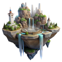 stunning rustic A floating island city amongst towering rock formations, waterfalls cascading down the sides, fantasy sci-fi style, soft lighting high resolution png