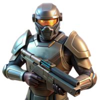 stunning rustic A futuristic soldier holding a plasma rifle, his visor reflecting a battlefield scene, gritty realism style, low-key lighting professional png