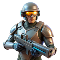 serene rustic A futuristic soldier holding a plasma rifle, his visor reflecting a battlefield scene, gritty realism style, low-key lighting authentic png