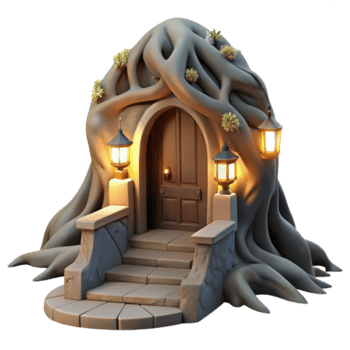 impressive rustic A hidden doorway in the roots of a giant tree, leading to a glowing portal, mysterious and intriguing lighting, matte painting style high resolution png