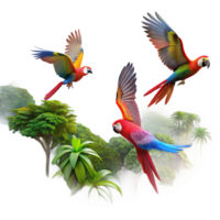 serene artistic Colorful Macaws Flying over Mountains high resolution png