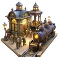 serene modern A Bustling Steampunk Train Station Fill authentic png