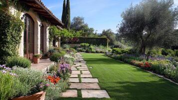 Serene garden with stone pathway and colorful flower beds in sunlit landscape photo
