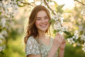 Young caucasian female enjoying spring blossom in bright sunlight photo
