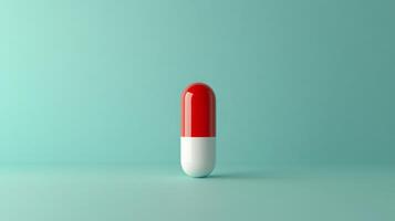 Red and white capsule on plain teal background for pharmacy theme photo