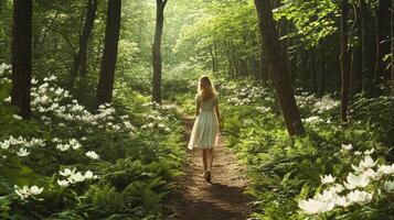 Young caucasian female walking in sunlit forest path surrounded by flowers photo