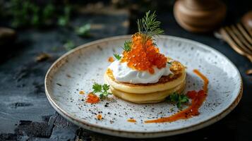 Delicious gourmet pancake with cream and salmon roe on elegant ceramic plate photo