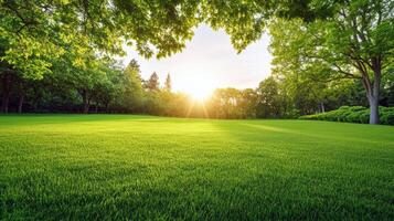 Serene green park with lush grass and sunlight breaking through trees photo