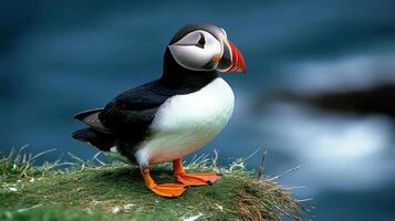 Atlantic puffin standing on coastal cliff edge with ocean background photo