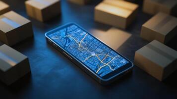 Smartphone with gps navigation display on wooden table with cardboard boxes photo