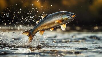 Vibrant trout leaping from sparkling river in dynamic action shot photo