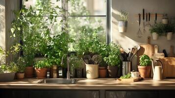 Lush indoor herb kitchen with sunlit greenery and wooden utensils near large window photo
