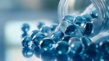 Transparent blue gel capsules spilling from open container on smooth surface photo