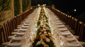 Elegant candlelit outdoor dinner party with floral centerpieces at long table photo