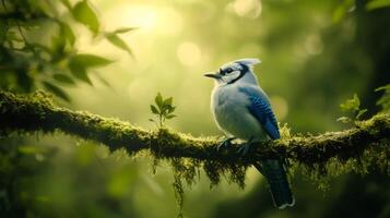 Blue jay perched on mossy branch in lush green forest setting photo