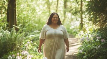 Hispanic woman strolling in sunlit forest path photo
