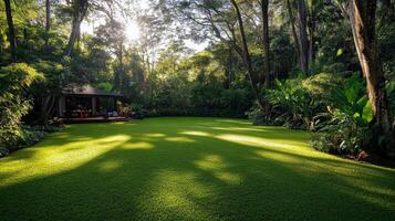 Tranquil tropical garden with lush greenery and wooden pavilion at sunset photo
