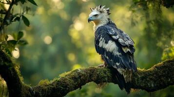 Majestic eagle perched on mossy branch in lush forest environment photo