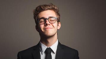 Confident young caucasian male in suit with glasses and smiling expression photo