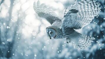 Majestic owl in flight against snowy woodland background photo