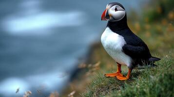 Atlantic puffin standing on clifftop with ocean background photo