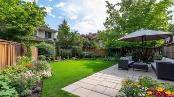 Tranquil backyard garden with patio seating and lush greenery on a sunny day photo