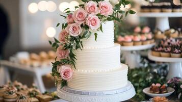 Elegant three-tier wedding cake with pink roses and greenery photo