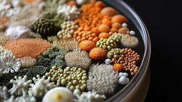 Colorful fungi and mold in petri dish display stunning patterns and textures photo