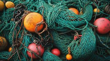 Colorful fishing nets with buoys and chains in nautical scene photo