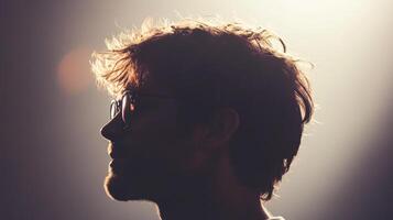 Silhouetted caucasian male profile with glasses in warm light photo
