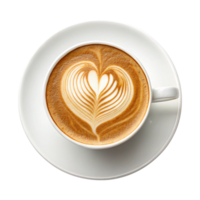 Romantic heart latte art in a white cup top view isolated on transparent background png