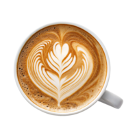 Aromatic coffee with heart latte art top down view on transparent background png