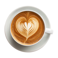 Beautiful heart latte art in a coffee cup top down view isolated on transparent background png