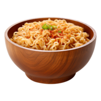 Savory ramen noodles in a wooden bowl isolated on transparent background png