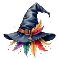 A creative watercolor painting of a witchs hat with a burst of colorful feather designs png